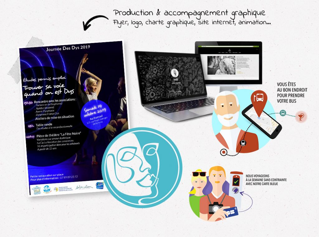 Production et accompagnement graphique : flyer, logo, charte graphique, site internet, animation...